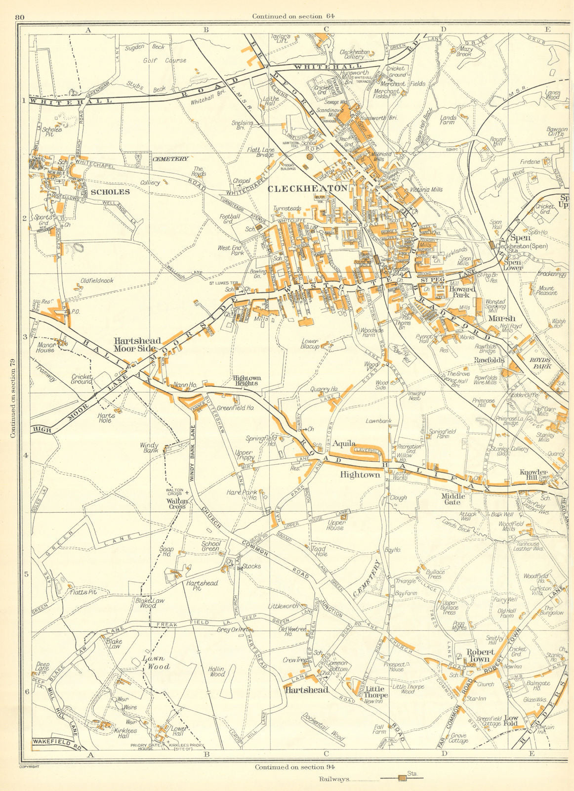 CLECKHEATON Hightown Middle Gate Robert town Thorpe Hartshead Scholes 1935 map